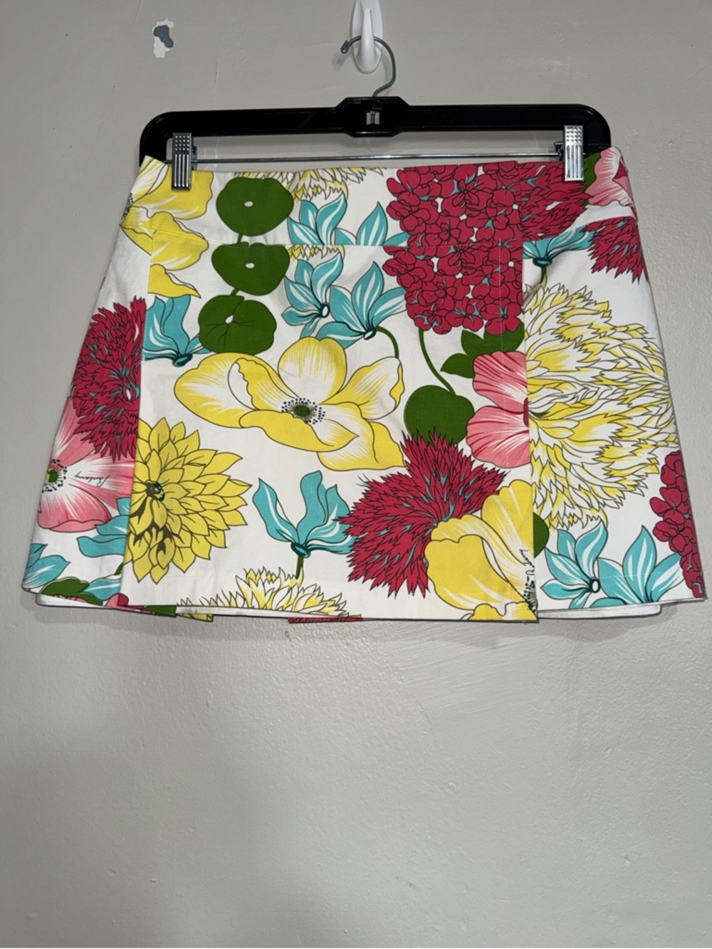 Burberry Floral Wrap Cotton Mini Skirt in White with Yellow, Red & Teal Blooms